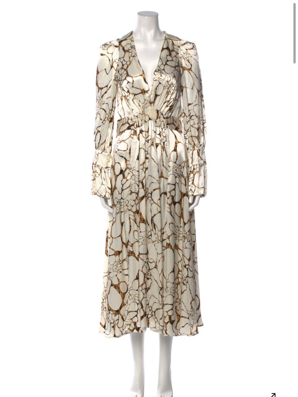 KITX Long Sleeve V-Neck Printed Midi Dress in Cream and Brown